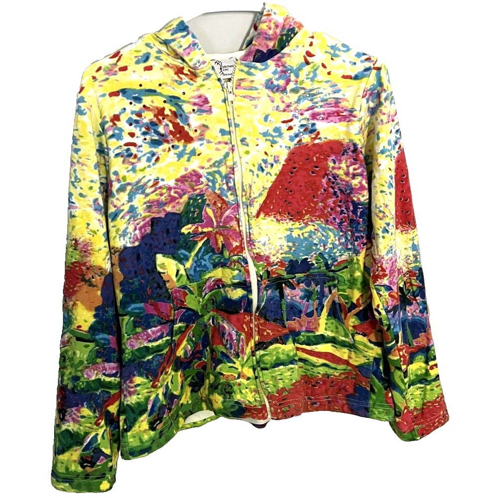 Michael Leu Hoodie Womens M Multicolor Full Zip Rhinestone Embellished PalmTrees